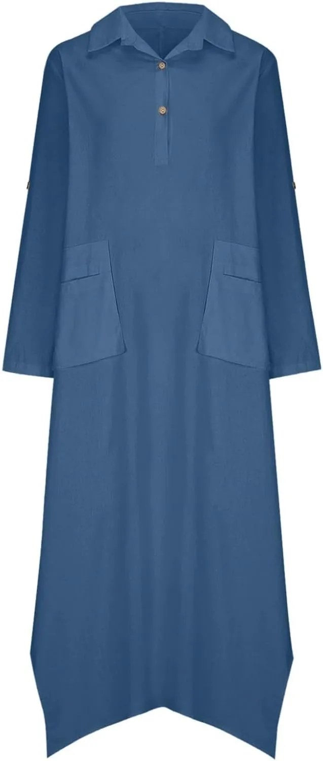 Women's Summer Cotton Linen Shirt Dress Sleeveless Elegant Flowy Dresses 2025 Button V Neck Loose Comfy Dress with Pockets