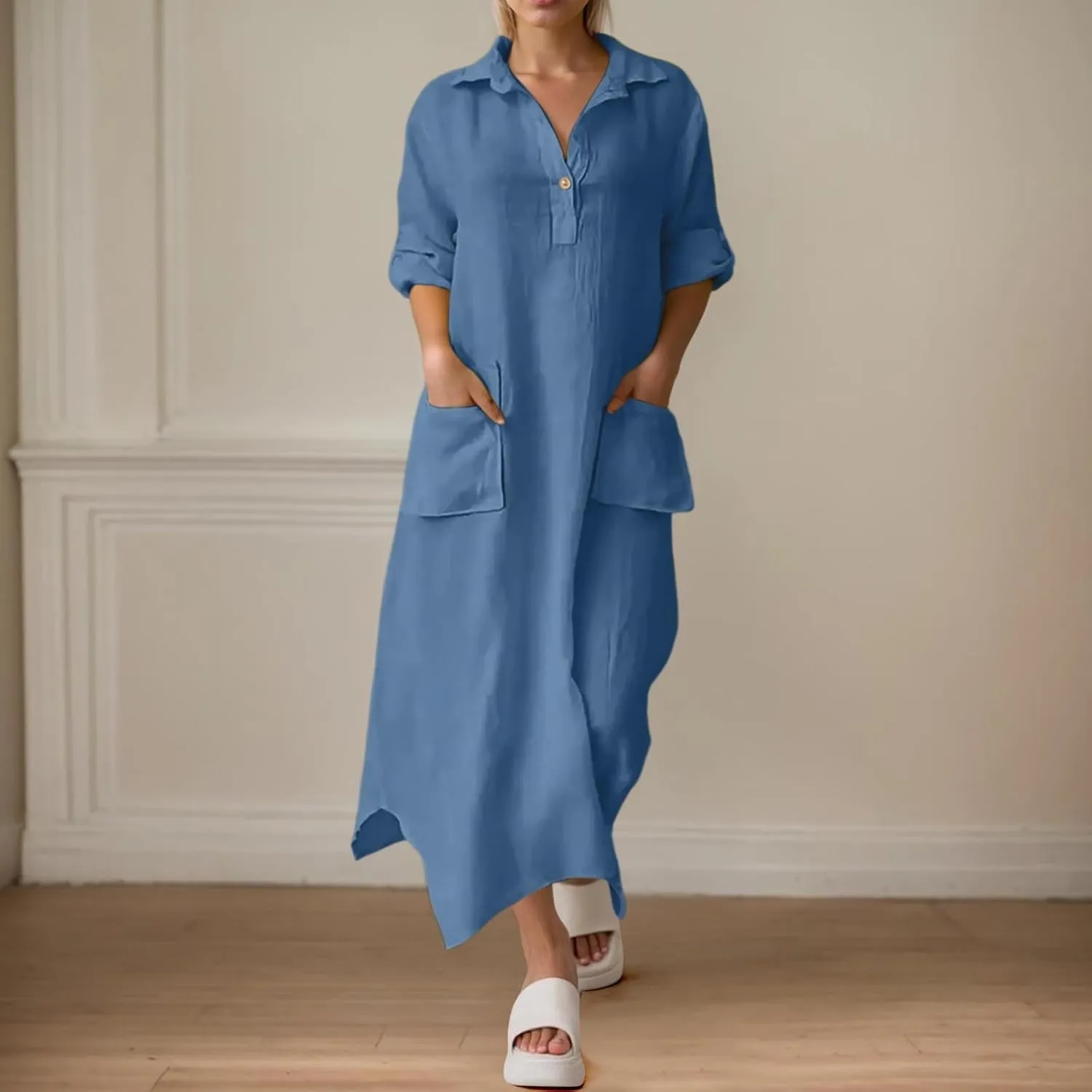 Women's Summer Cotton Linen Shirt Dress Sleeveless Elegant Flowy Dresses 2025 Button V Neck Loose Comfy Dress with Pockets