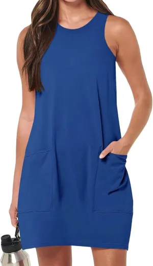 Womens Summer Dresses Casual Beach Sleeveless Dress Vacation Swing Sundresses Crew Neck Tank Dress with Pockets