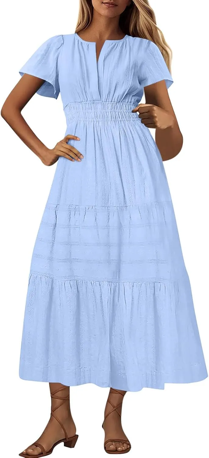 Womens Summer Dresses Casual Short Sleeve V Neck Boho Sundress Tiered Ruffle A-Line Beach Maxi Dress with Pockets