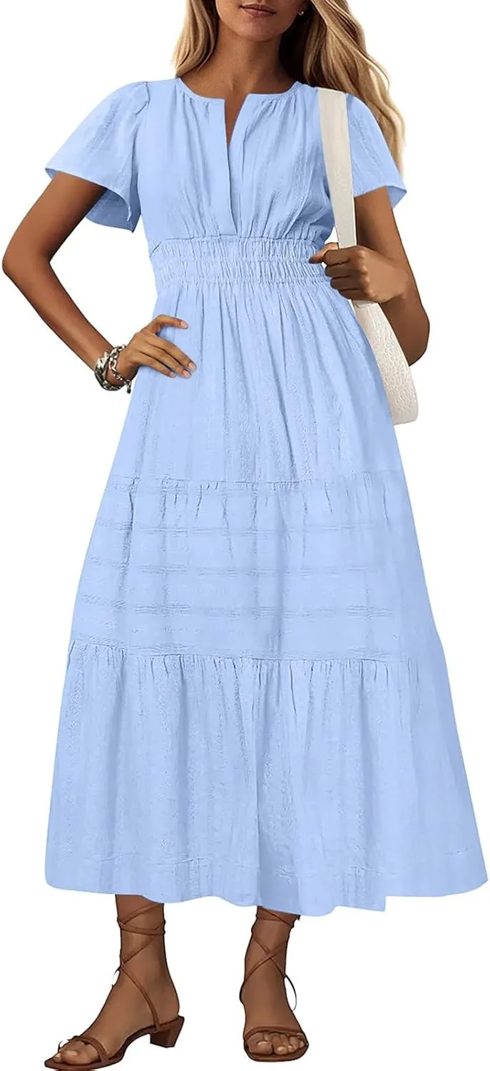 Womens Summer Dresses Casual Short Sleeve V Neck Boho Sundress Tiered Ruffle A-Line Beach Maxi Dress with Pockets