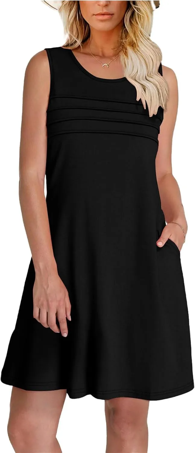 Womens Summer Dresses Casual Sleeveless Tank Sundress Pleated Front Loose Crew Neck Tshirt Dress Beach with Pockets