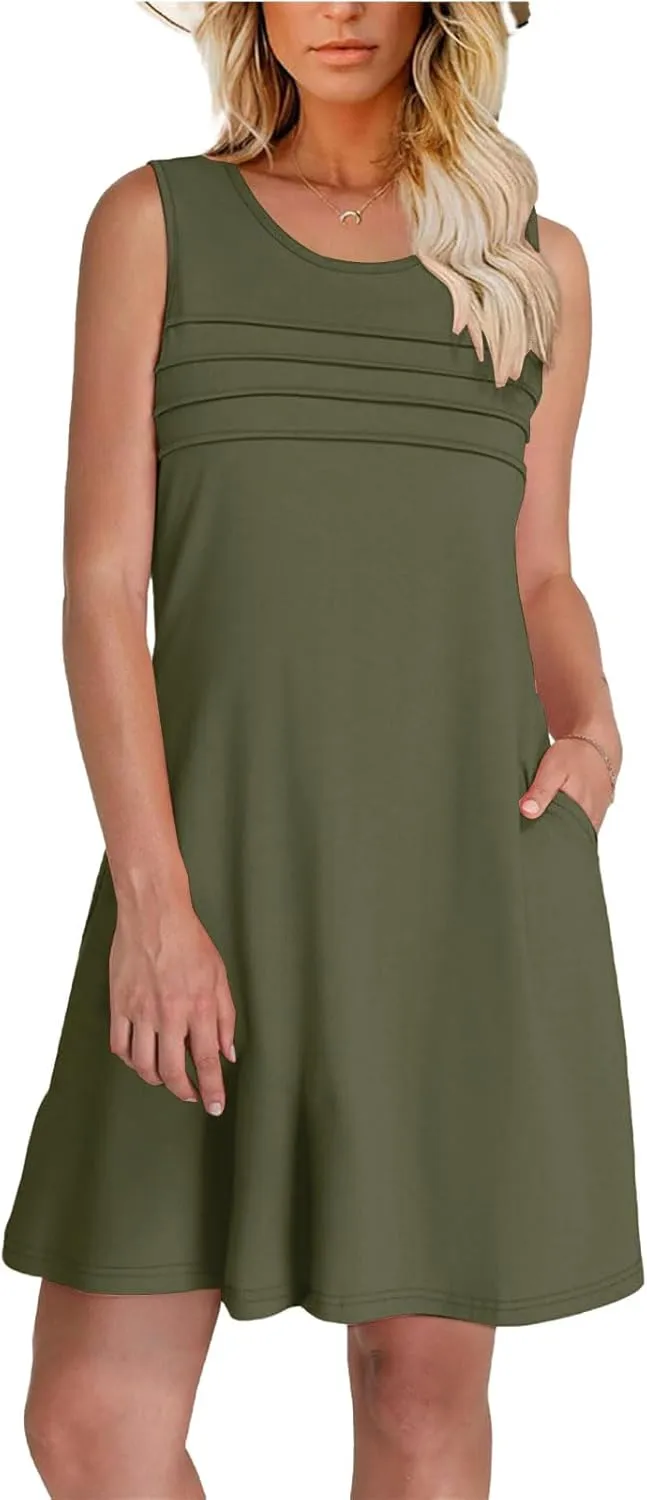 Womens Summer Dresses Casual Sleeveless Tank Sundress Pleated Front Loose Crew Neck Tshirt Dress Beach with Pockets