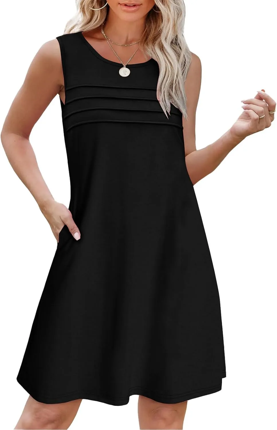 Womens Summer Dresses Casual Sleeveless Tank Sundress Pleated Front Loose Crew Neck Tshirt Dress Beach with Pockets