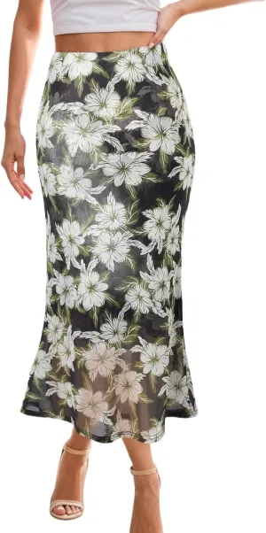 Women's Summer Floral Mesh Pencil Skirt Casual Trendy High Waist Ruched Boho Skirts Slimming Maxi Long Skirt