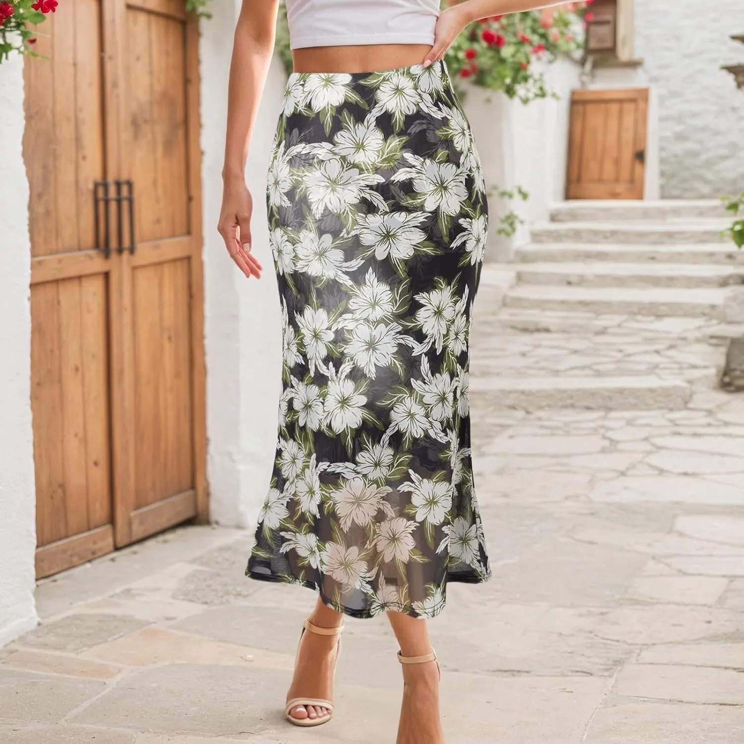 Women's Summer Floral Mesh Pencil Skirt Casual Trendy High Waist Ruched Boho Skirts Slimming Maxi Long Skirt