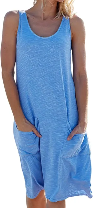Womens Summer Knitted Dress Casual Sleeveless Midi Dresses Boho Beach Vacation Jumper Dress with Pockets