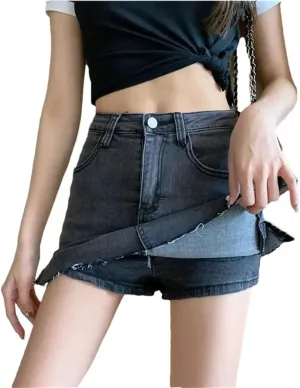 Women's Summer Korean A Line Denim Mini Skirts High Waist Slimming Side Slit Denim Skirts