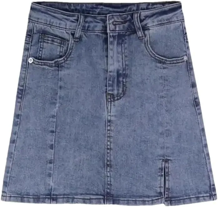 Women's Summer Korean A Line Denim Mini Skirts High Waist Slimming Side Slit Denim Skirts