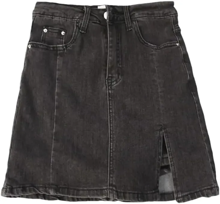 Women's Summer Korean A Line Denim Mini Skirts High Waist Slimming Side Slit Denim Skirts
