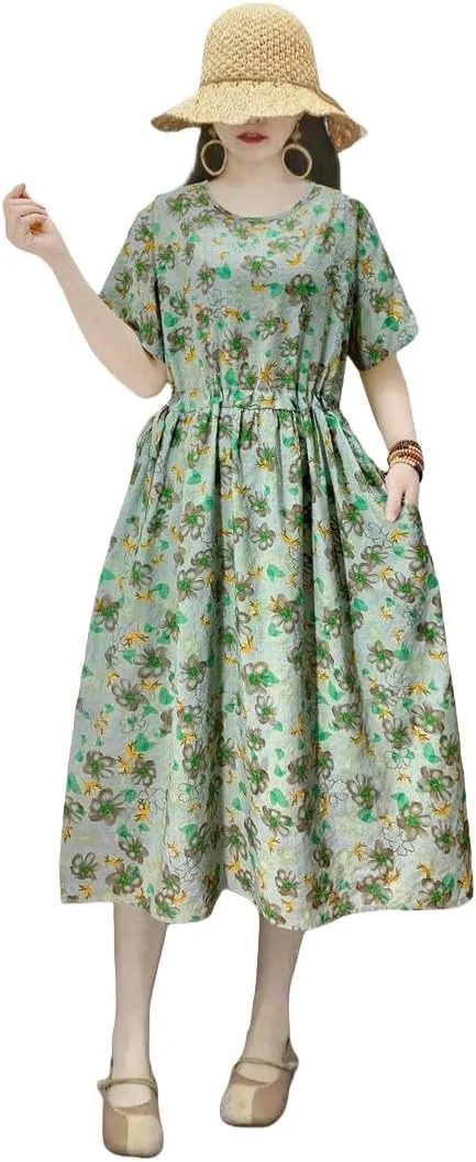 Women's Summer Loose Pocket Dress Retro Literary High Waist for Casual Daily Art