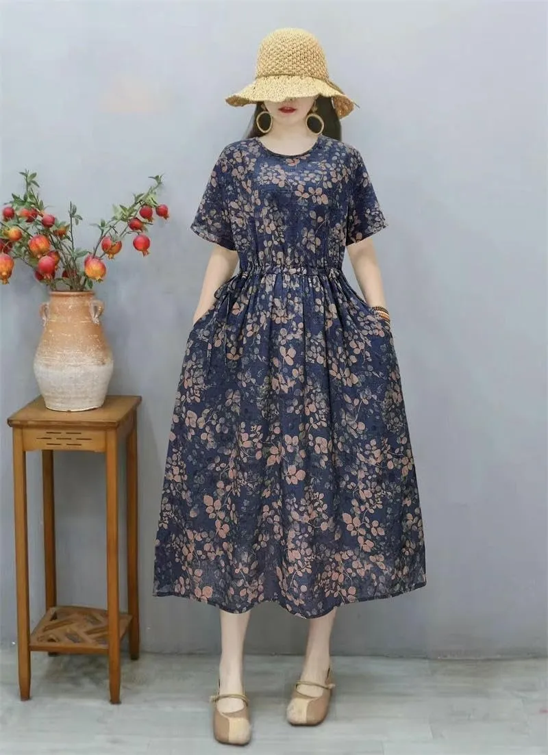 Women's Summer Loose Pocket Dress Retro Literary High Waist for Casual Daily Art