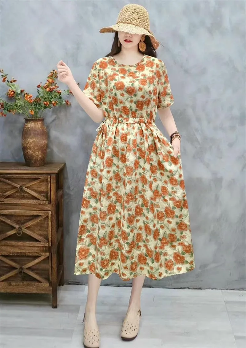 Women's Summer Loose Pocket Dress Retro Literary High Waist for Casual Daily Art