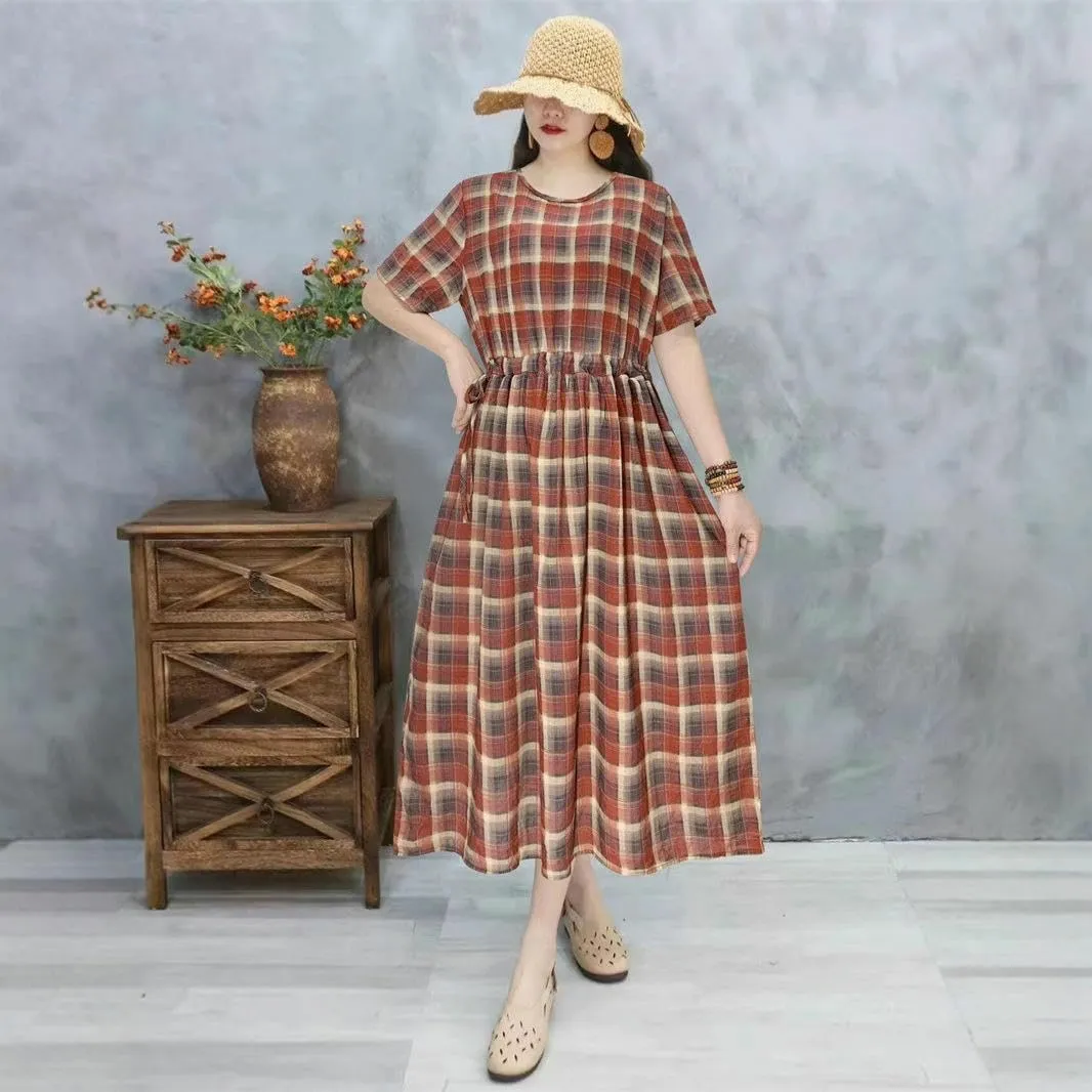 Women's Summer Loose Pocket Dress Retro Literary High Waist for Casual Daily Art