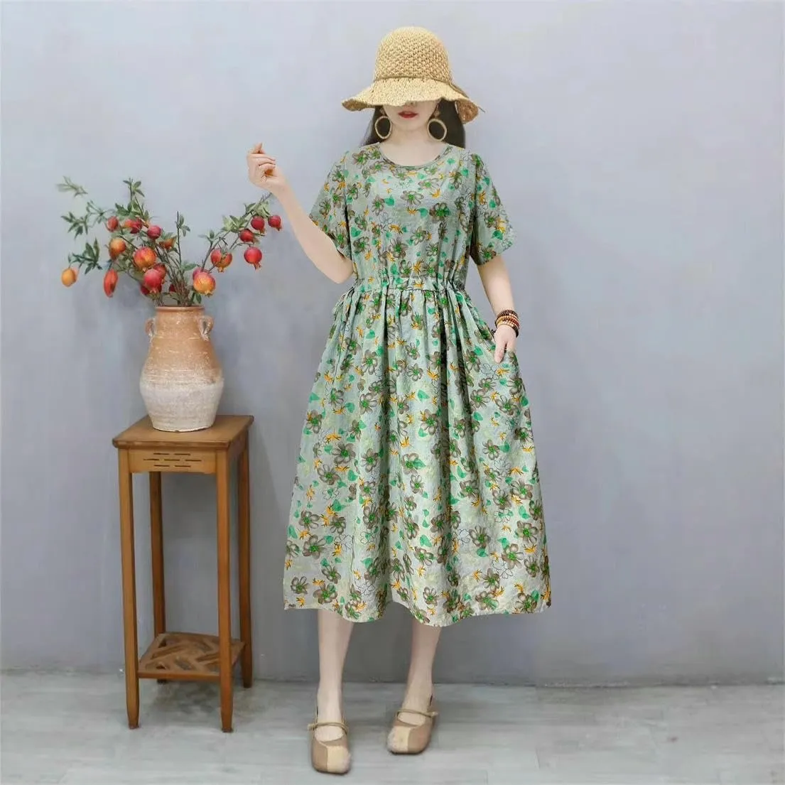 Women's Summer Loose Pocket Dress Retro Literary High Waist for Casual Daily Art