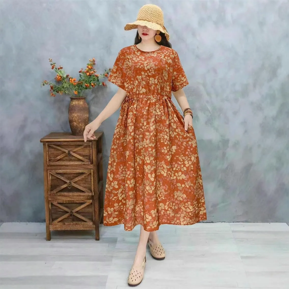 Women's Summer Loose Pocket Dress Retro Literary High Waist for Casual Daily Art
