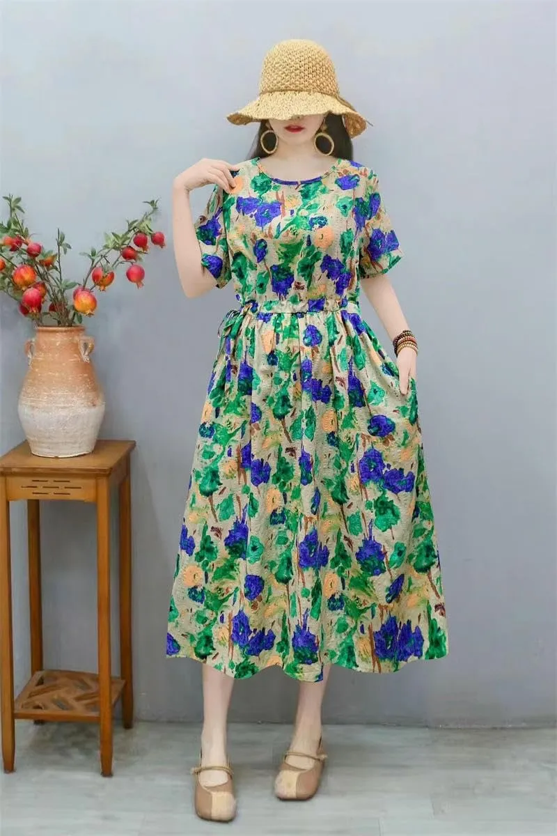 Women's Summer Loose Pocket Dress Retro Literary High Waist for Casual Daily Art