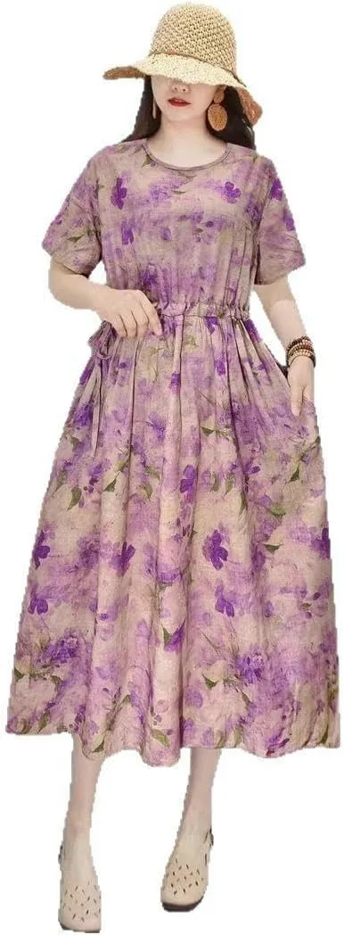 Women's Summer Loose Pocket Dress Retro Literary High Waist for Casual Daily Art