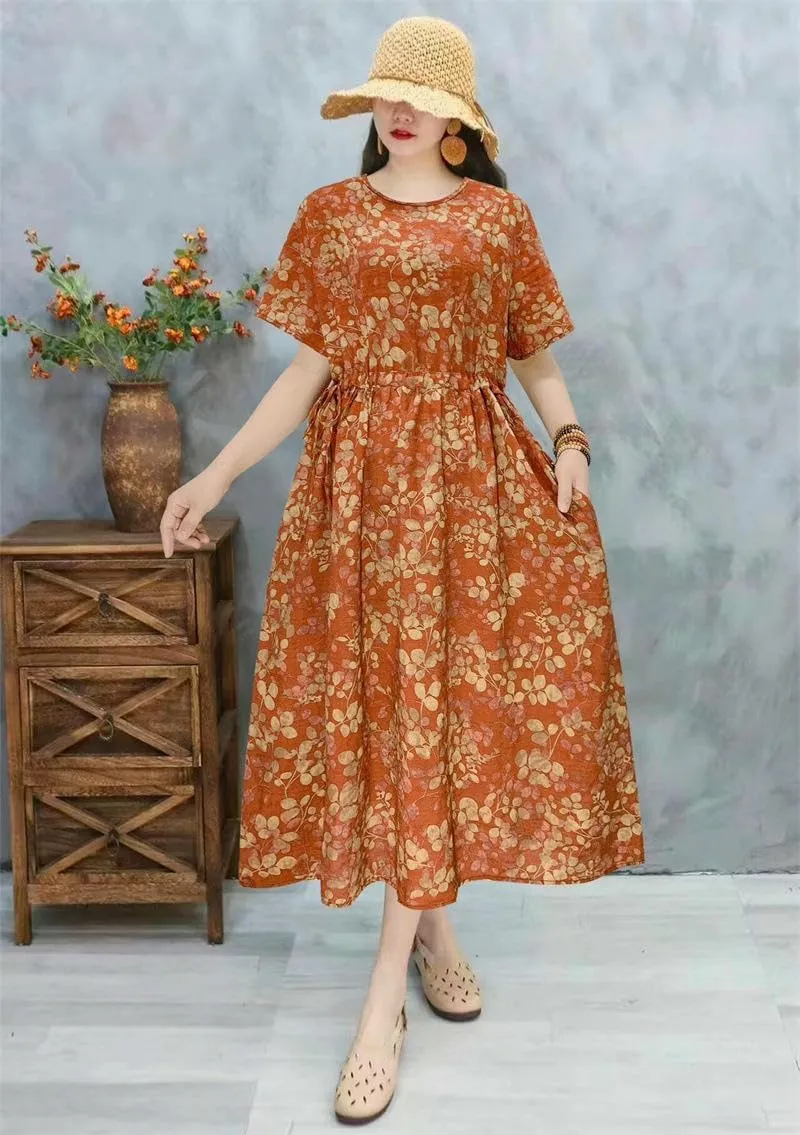Women's Summer Loose Pocket Dress Retro Literary High Waist for Casual Daily Art