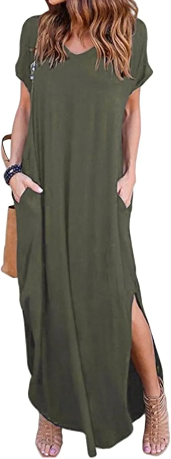Women's Summer Maxi Dress Casual Loose Short Sleeve Slits Long Beach Dresses with Pockets