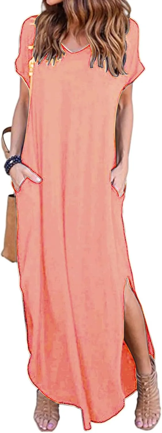 Women's Summer Maxi Dress Casual Loose Short Sleeve Slits Long Beach Dresses with Pockets