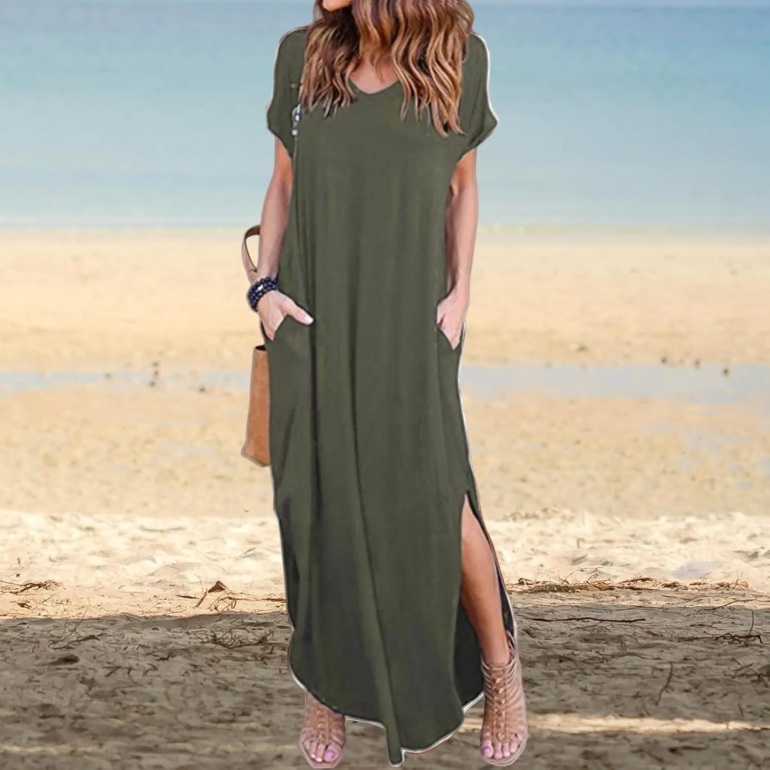 Women's Summer Maxi Dress Casual Loose Short Sleeve Slits Long Beach Dresses with Pockets