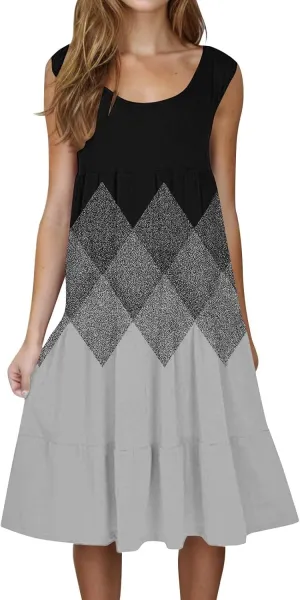 Womens Summer Midi Dress 2025 Sleeveless Crew Neck Cute Loose A line Boho Floral Casual Vacation Dresses with Pockets