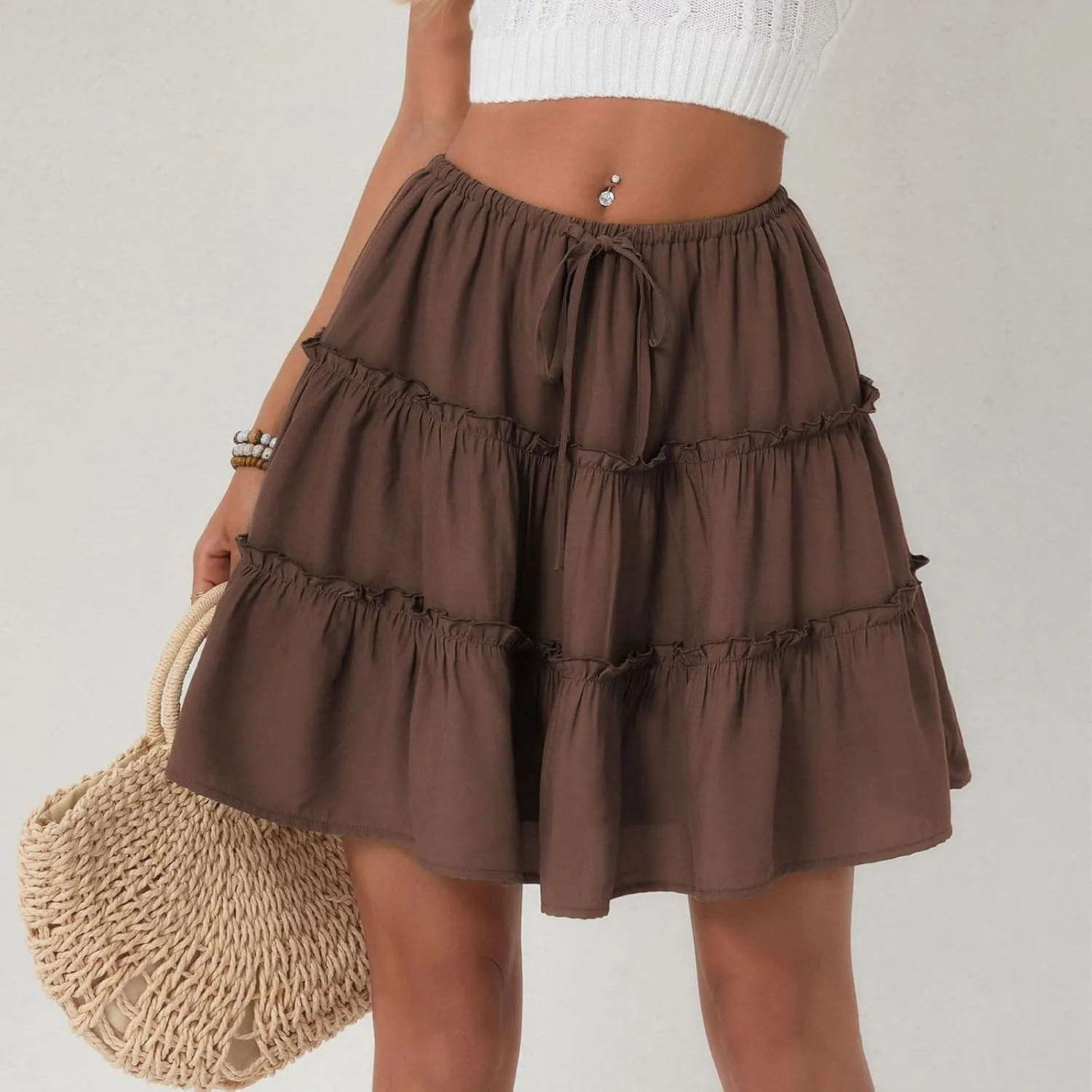 Women's Summer Skirts 2025 Flowy Mini Skirts High Waisted Ruffle Boho Casual Cute Beach Short Skirt, S-XL
