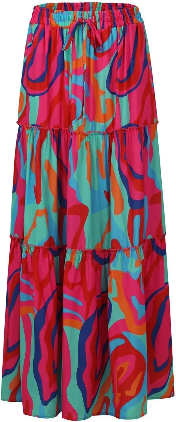 Women's Summer Skirts Beach Maxi Skirt Drawstring Elastic Ruffle Tiered A Line Skirts Cute Long Skirt with Pockets