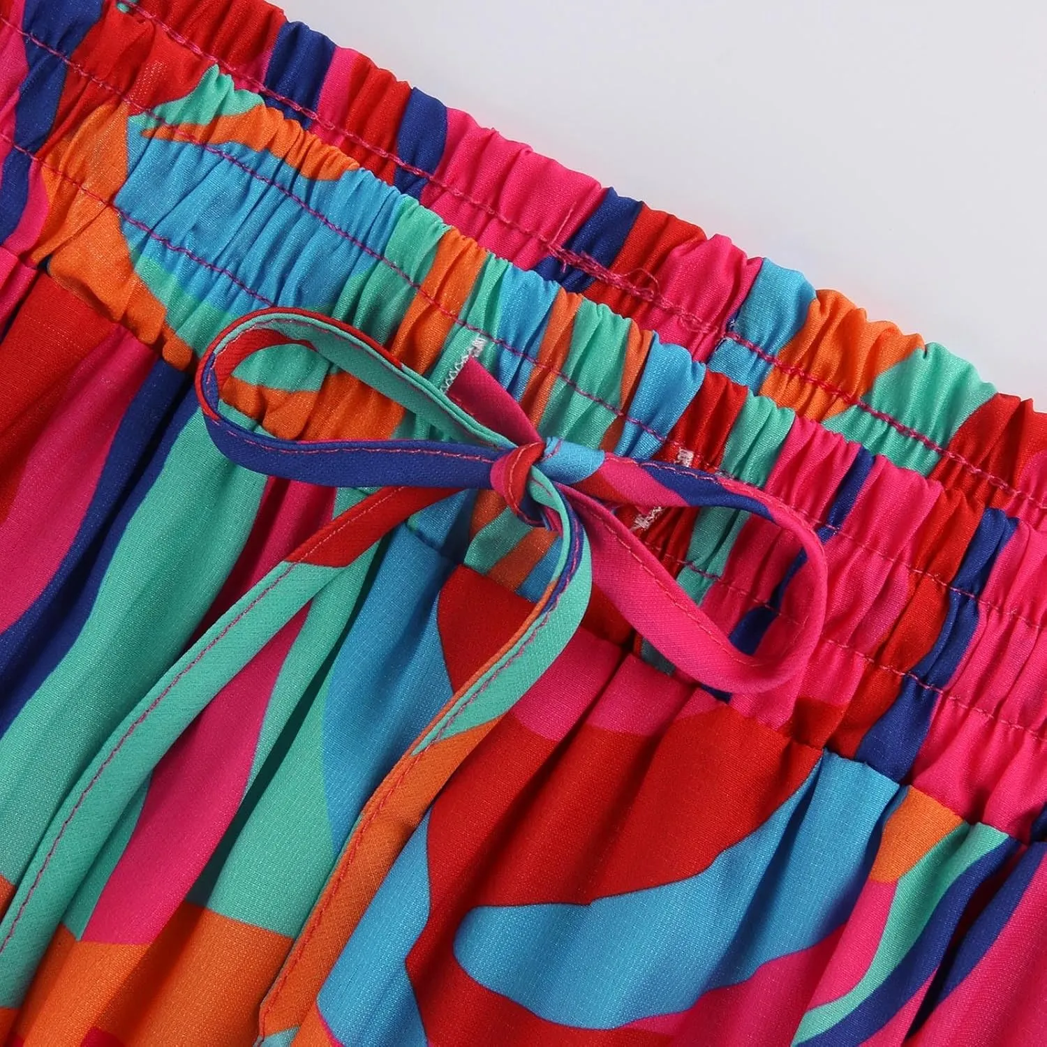 Women's Summer Skirts Beach Maxi Skirt Drawstring Elastic Ruffle Tiered A Line Skirts Cute Long Skirt with Pockets
