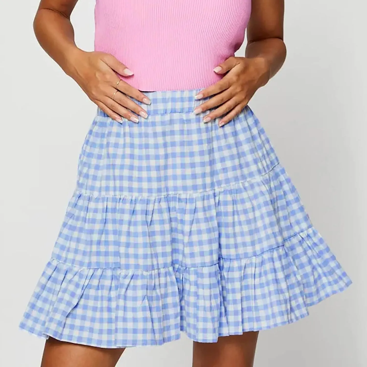 Women's Summer Skirts High Waist Ruffle Tiered Plaid Mini Skirt A line Beach Cute Skirts Pleated Cheer Women