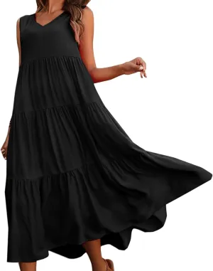 Womens Summer V Neck Sleeveless Maxi Dresses 2025 Casual Bohemian Flowy Beach Vacation Sundress