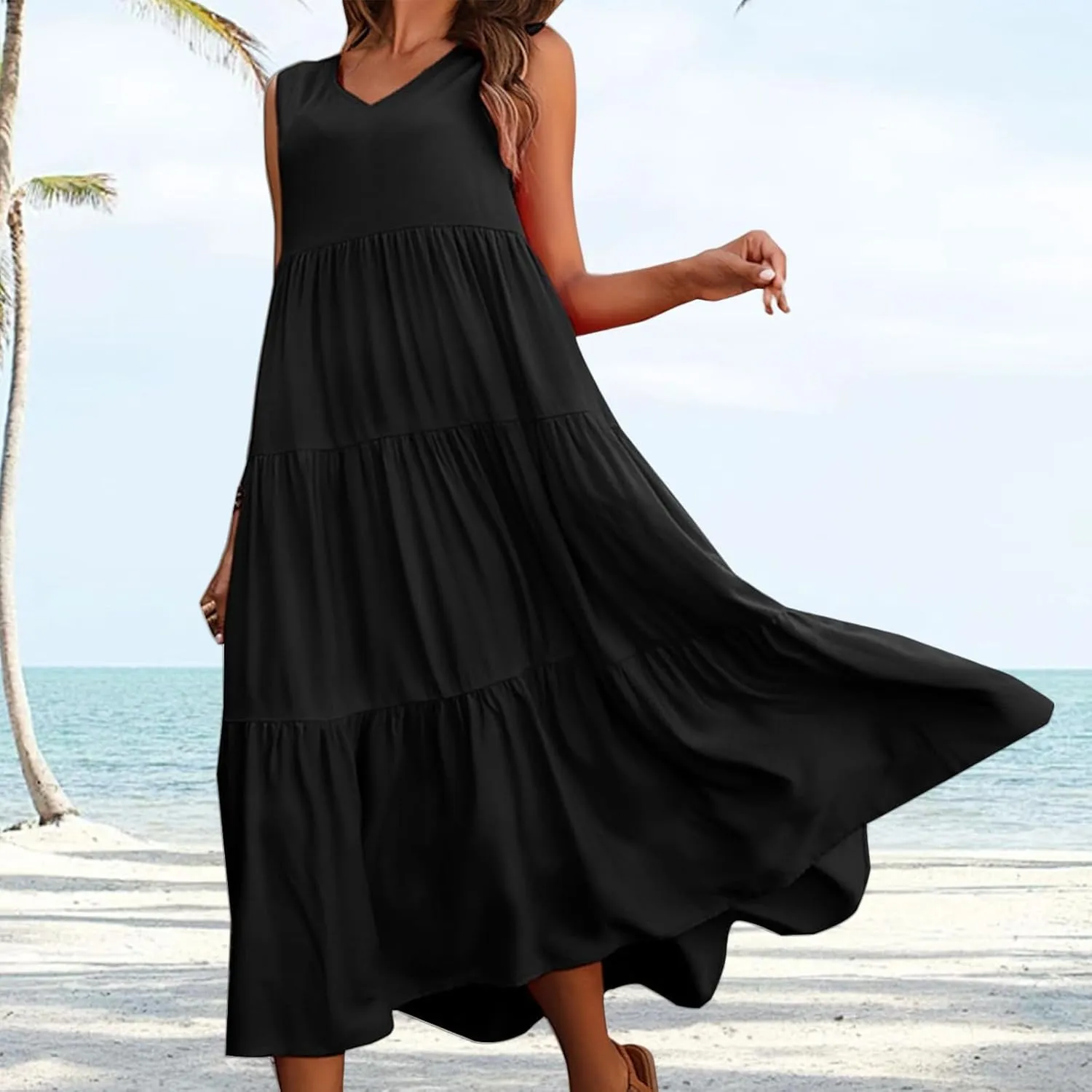 Womens Summer V Neck Sleeveless Maxi Dresses 2025 Casual Bohemian Flowy Beach Vacation Sundress