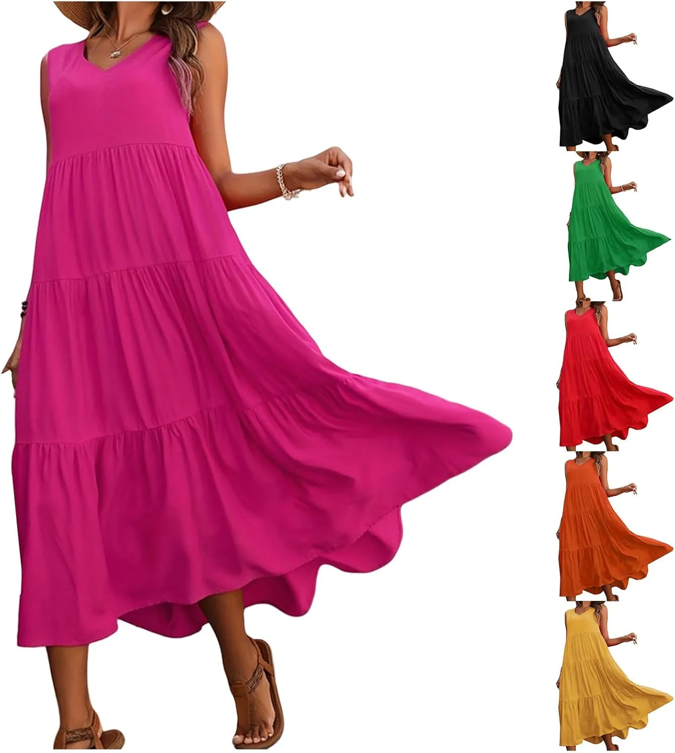Womens Summer V Neck Sleeveless Maxi Dresses 2025 Casual Bohemian Flowy Beach Vacation Sundress
