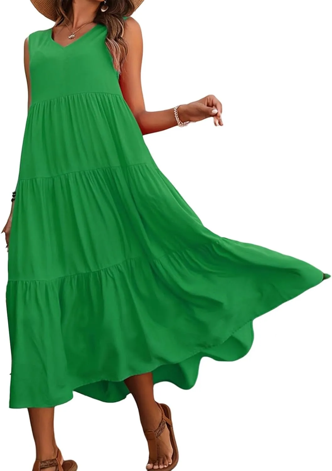 Womens Summer V Neck Sleeveless Maxi Dresses 2025 Casual Bohemian Flowy Beach Vacation Sundress