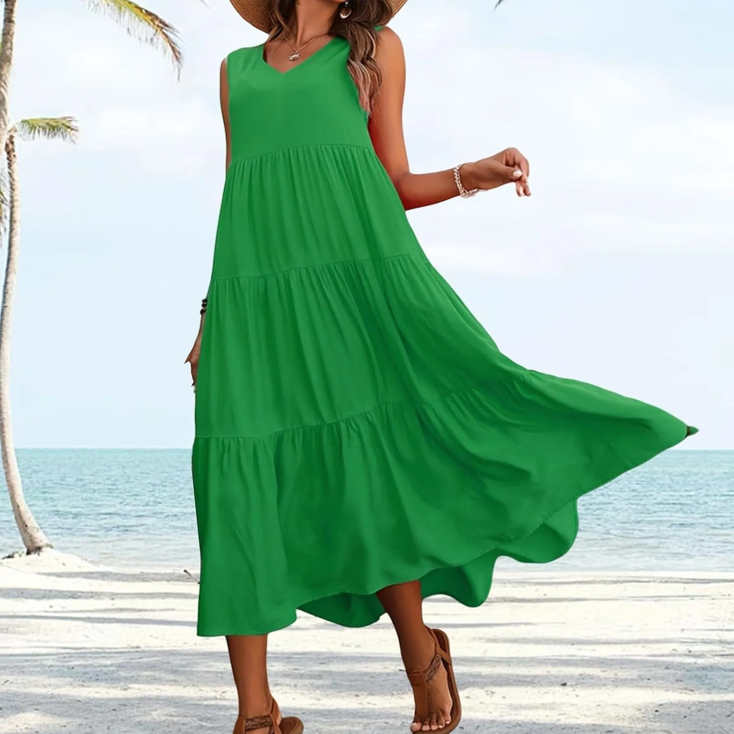 Womens Summer V Neck Sleeveless Maxi Dresses 2025 Casual Bohemian Flowy Beach Vacation Sundress