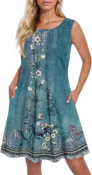 Womens Sundresses Short Tank Dress Spring Casual Dresses Cover Up Sleeveless Beach Flowy Dress Summer with Pocket