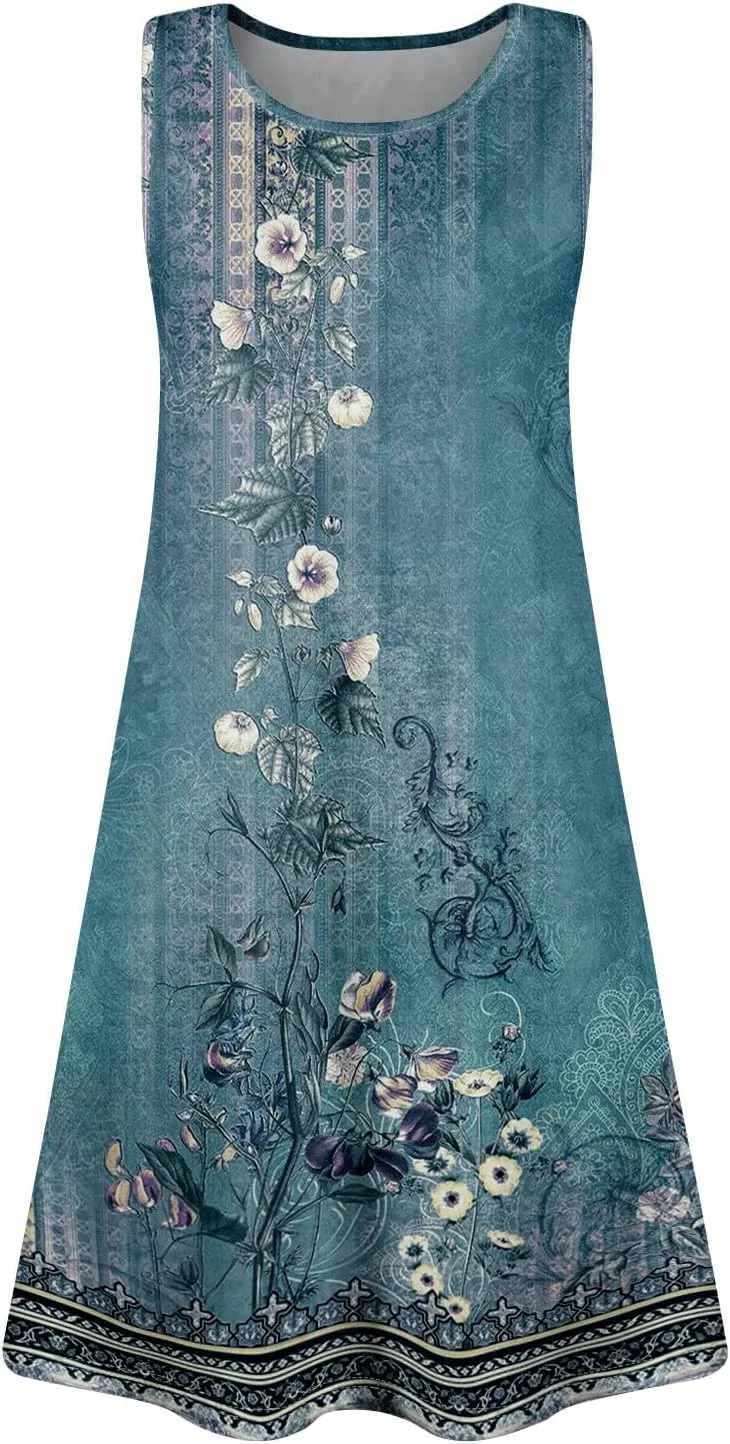 Womens Sundresses Short Tank Dress Spring Casual Dresses Cover Up Sleeveless Beach Flowy Dress Summer with Pocket