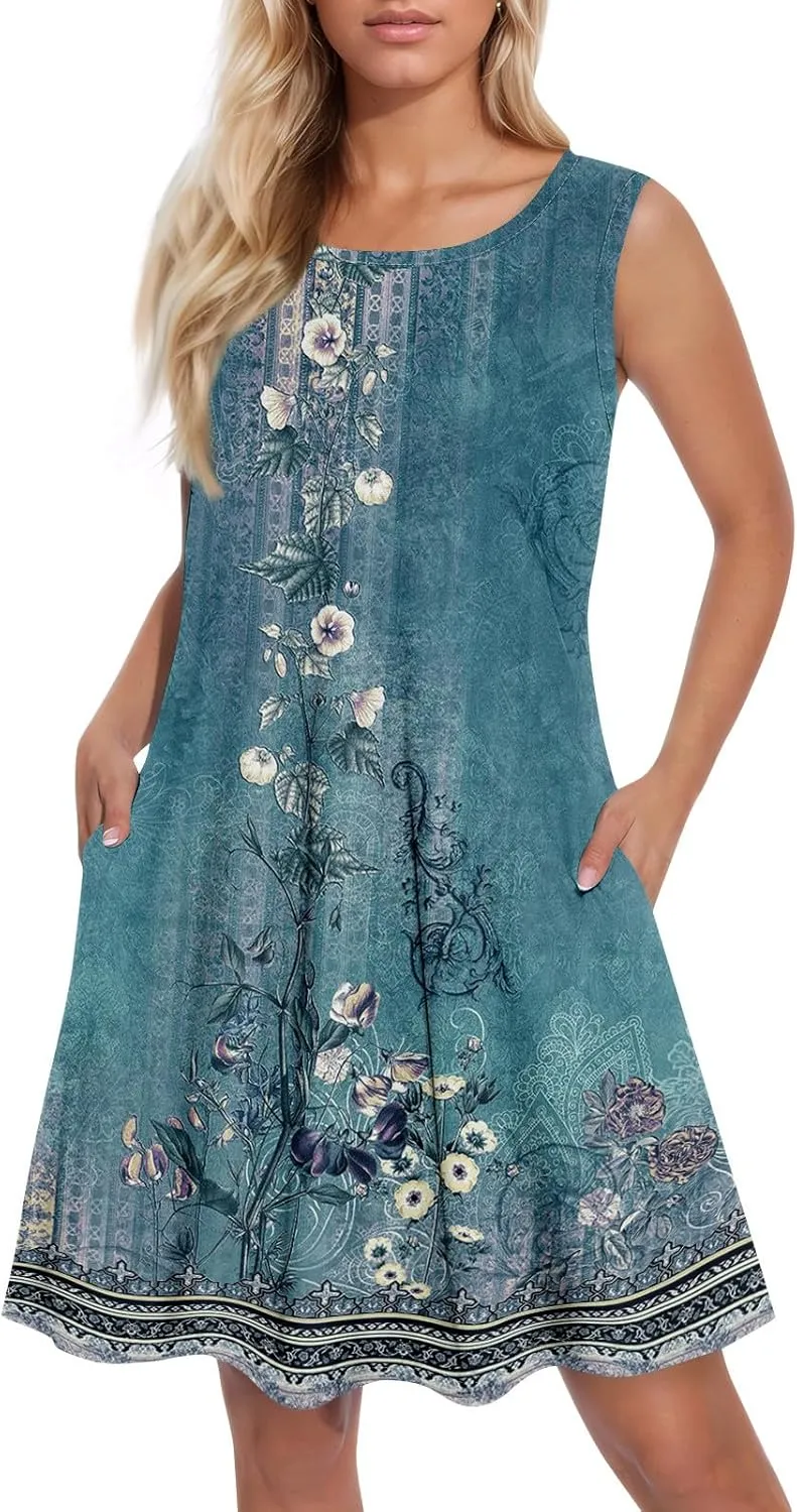 Womens Sundresses Short Tank Dress Spring Casual Dresses Cover Up Sleeveless Beach Flowy Dress Summer with Pocket