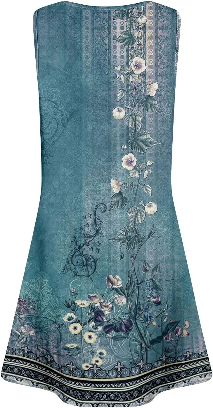Womens Sundresses Short Tank Dress Spring Casual Dresses Cover Up Sleeveless Beach Flowy Dress Summer with Pocket