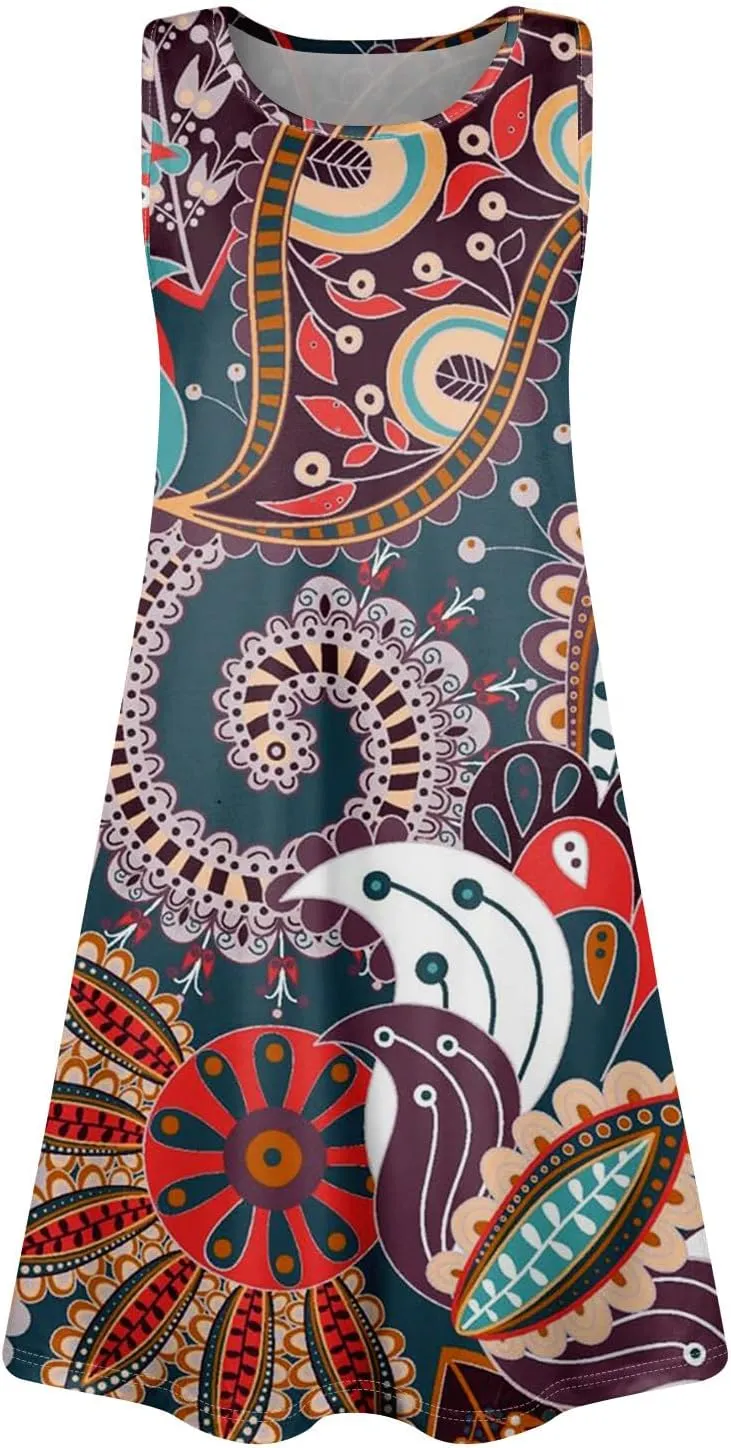 Womens Sundresses Sleeveless Tank Dress Spring Vintage Dress Cover Up Patterned Boho Floral Dresses Summer with Pocket