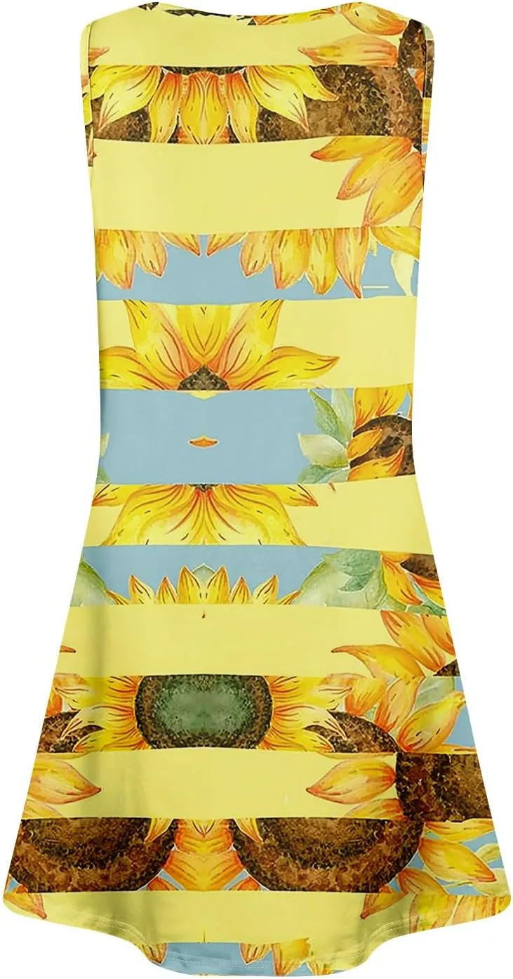 Womens Sundresses Sleeveless Tank Dress Spring Vintage Dress Cover Up Patterned Boho Floral Dresses Summer with Pocket