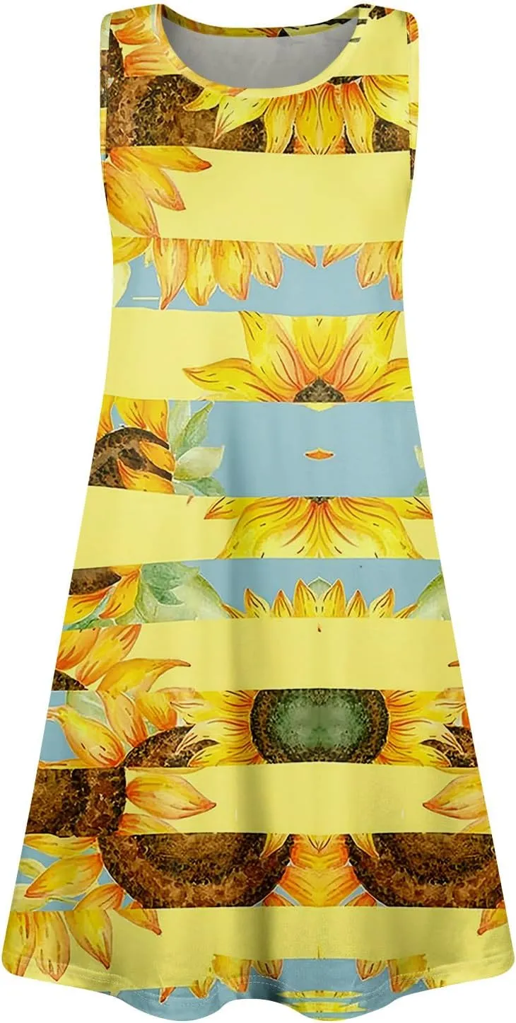 Womens Sundresses Sleeveless Tank Dress Spring Vintage Dress Cover Up Patterned Boho Floral Dresses Summer with Pocket