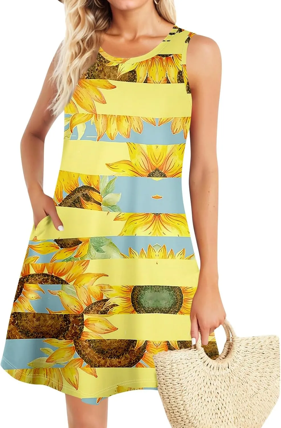 Womens Sundresses Sleeveless Tank Dress Spring Vintage Dress Cover Up Patterned Boho Floral Dresses Summer with Pocket