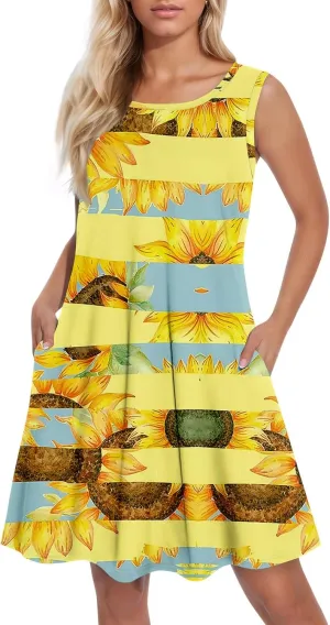 Womens Sundresses Sleeveless Tank Dress Spring Vintage Dress Cover Up Patterned Boho Floral Dresses Summer with Pocket
