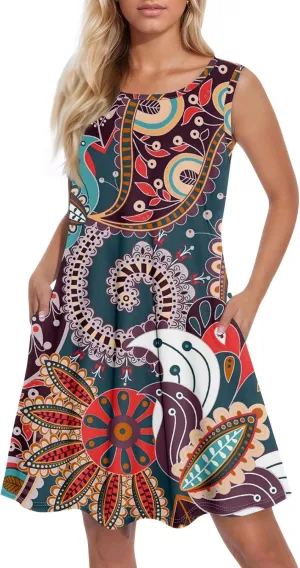 Womens Sundresses Sleeveless Tank Dress Spring Vintage Dress Cover Up Patterned Boho Floral Dresses Summer with Pocket