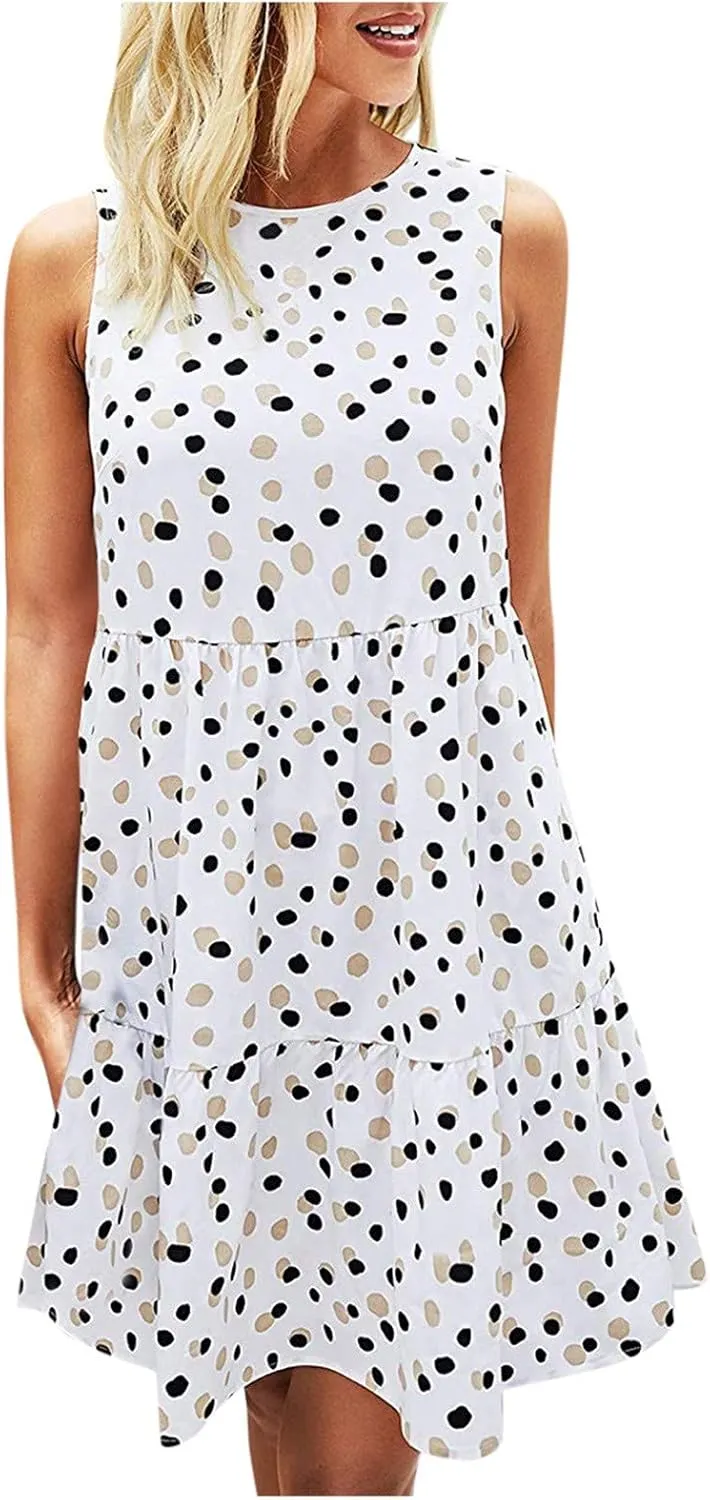 Womens Sundresses Tank Top Dress Summer Western Dress Short Dress Sleeveless Polka Dot Swing A Line with Pockets