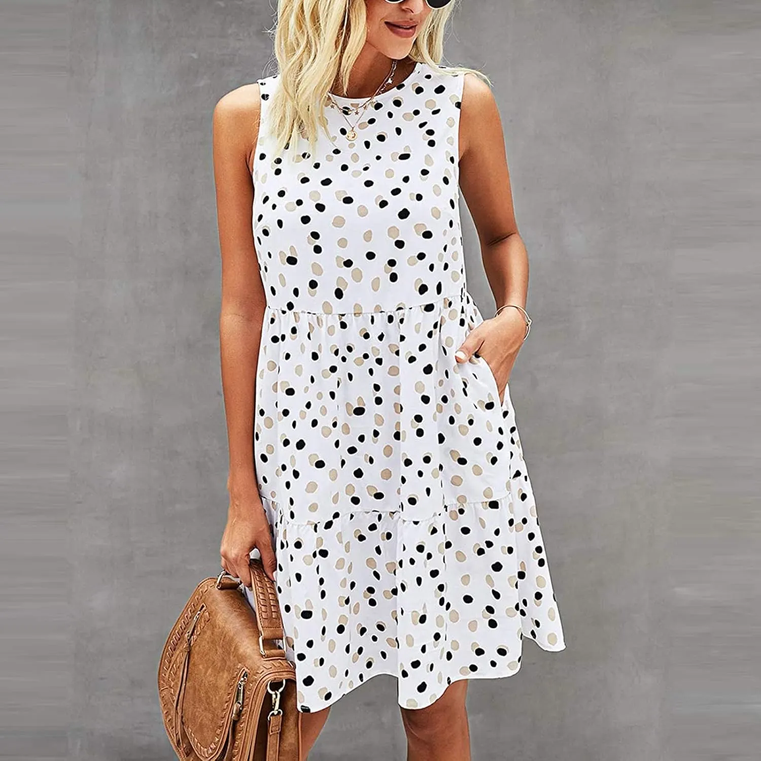 Womens Sundresses Tank Top Dress Summer Western Dress Short Dress Sleeveless Polka Dot Swing A Line with Pockets