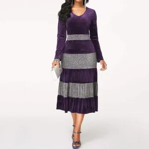 Women's Velvet Dress Falbala Sequins Patchwork Elegant Office Lady Dress Ruffles Blue Long Sleeve Party Dinner Dress Autumn