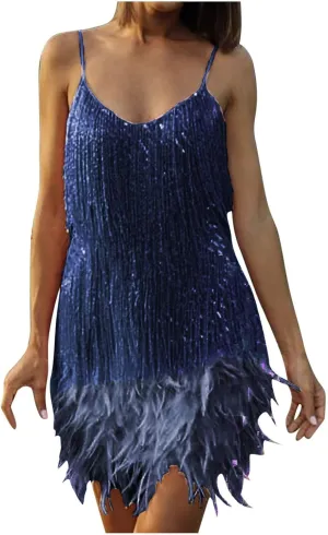 Women's Vintage 1920s Sequin Fringed Flapper Dress 20s Feather Evening Prom Party Mini Dress Homecoming Concert Dress